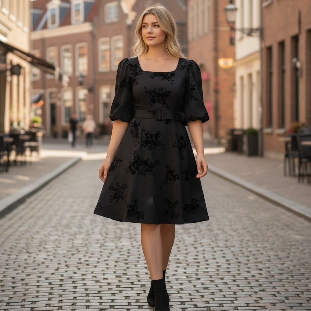 City Chic Wild Heart Dress Black Flocked Floral Puff Sleeve Belted Size 20 NEW